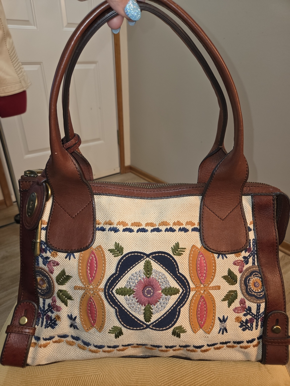 Embroidered Canvas Satchel Bag in Brown and Cream